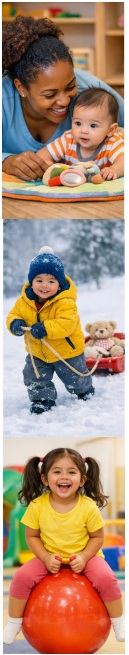 Examples of good physical activity practices: a provider interacts with an infant during tummy time, a toddler plays out in the snow, and a preschooler bounces on a ball